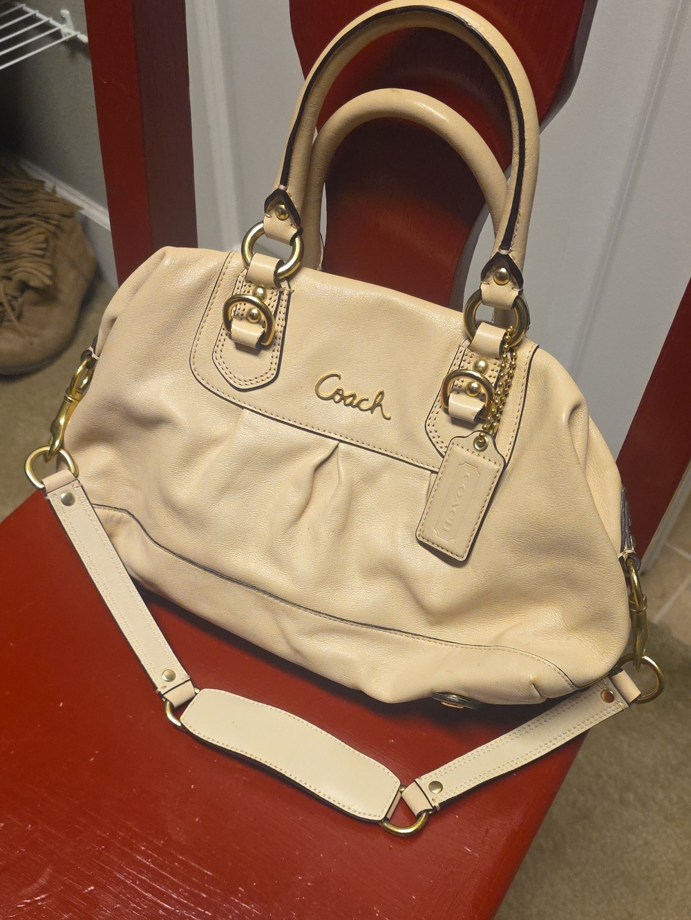 Coach Cream Pebble Leather Satchel with Gold Hardware
